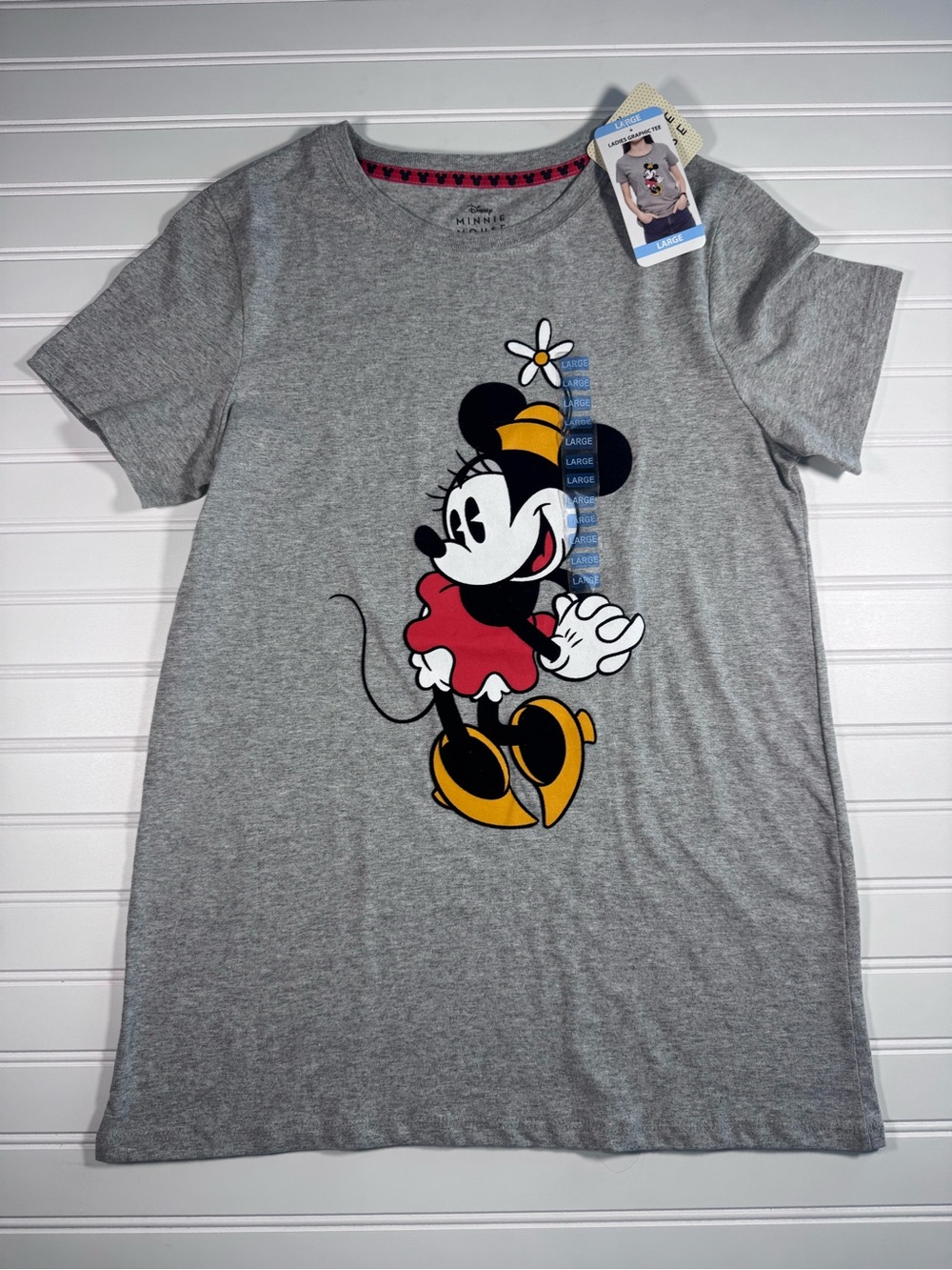 Disney Gray Minnie Mouse Short Sleeve Graphic Tee with Red & Yellow Accents